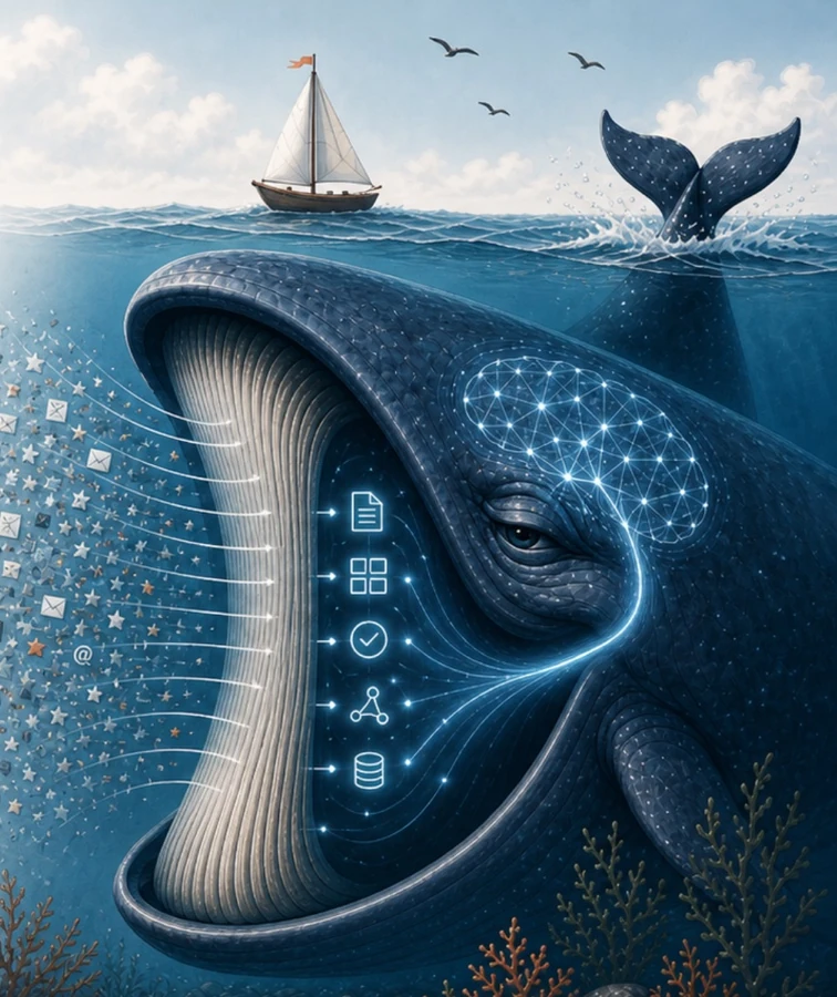 A whale filtering a stream of data into memory